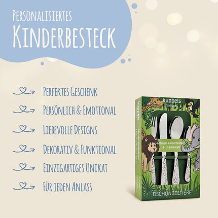 SEO. Personalisiertes Kinderbesteck - 4 - teiliges Besteckset mit Name für Kinder - Waldfreunde Linkreich