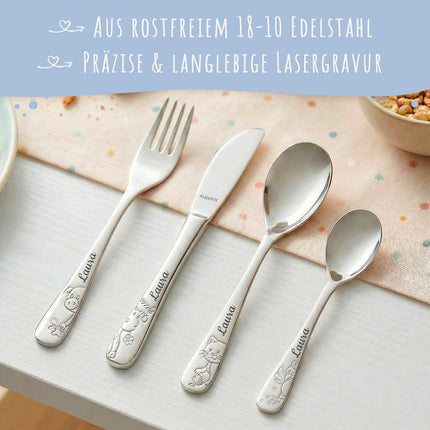 SEO. Personalisiertes Kinderbesteck - 4 - teiliges Besteckset mit Name für Kinder - Waldfreunde Linkreich