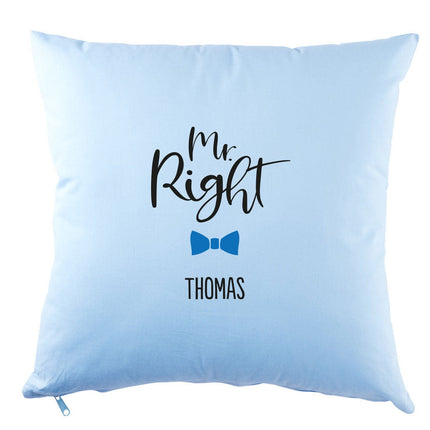 SEO. Personalisiertes Kissen mit Motiv - Mr. und Mrs. Right - Hellblau Linkreich