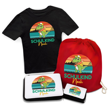 SEO. Personalisiertes Schulset - Dino - mit T-Shirt, Sportbeutel, Federmappe & Geldbörse - Schwarz Linkreich