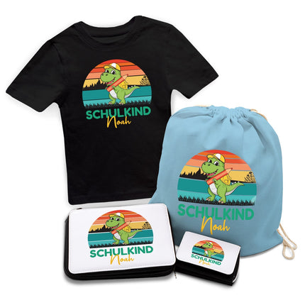 SEO. Personalisiertes Schulset - Dino - mit T-Shirt, Sportbeutel, Federmappe & Geldbörse - Schwarz Linkreich