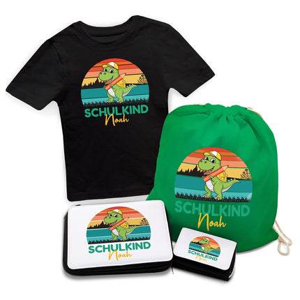 SEO. Personalisiertes Schulset - Dino - mit T-Shirt, Sportbeutel, Federmappe & Geldbörse - Schwarz Linkreich