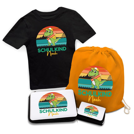SEO. Personalisiertes Schulset - Dino - mit T-Shirt, Sportbeutel, Federmappe & Geldbörse - Schwarz Linkreich