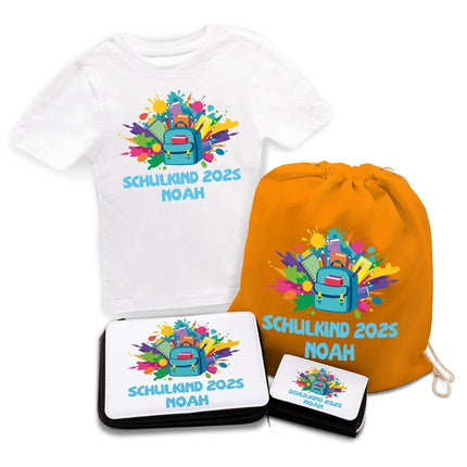 SEO. Personalisiertes Schulset - Rucksack - mit T-Shirt, Sportbeutel, Federmappe & Geldbörse - Weiß Linkreich