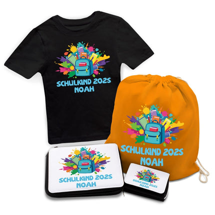 SEO. Personalisiertes Schulset - Rucksack - mit T-Shirt, Sportbeutel, Federmappe & Geldbörse - Schwarz Linkreich