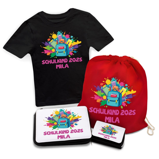 SEO. Personalisiertes Schulset - Rucksack - mit T-Shirt, Sportbeutel, Federmappe & Geldbörse - Schwarz Linkreich