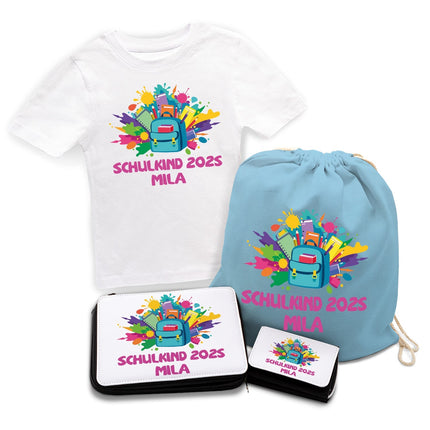 SEO. Personalisiertes Schulset - Rucksack - mit T-Shirt, Sportbeutel, Federmappe & Geldbörse - Weiß Linkreich