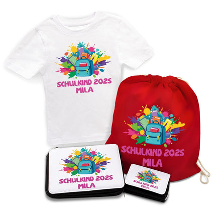 SEO. Personalisiertes Schulset - Rucksack - mit T-Shirt, Sportbeutel, Federmappe & Geldbörse - Weiß Linkreich