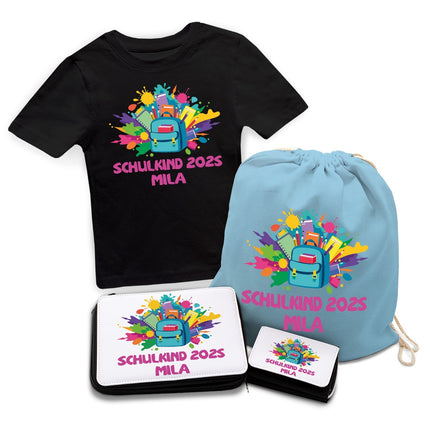 SEO. Personalisiertes Schulset - Rucksack - mit T-Shirt, Sportbeutel, Federmappe & Geldbörse - Schwarz Linkreich