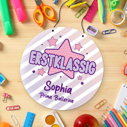 SEO. Personalisiertes Türschild - Geschenk zur Einschulung - Für Jungen und Mädchen - Erstklassig - Lila Linkreich