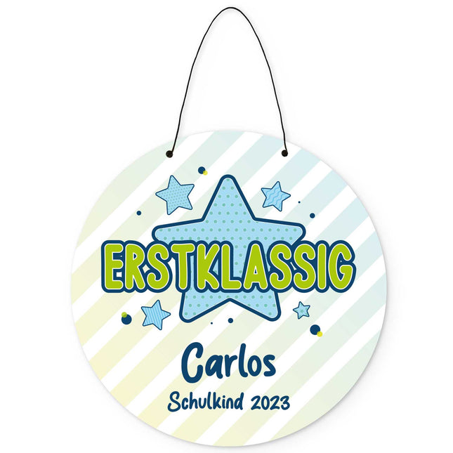 SEO. Personalisiertes Türschild - Geschenk zur Einschulung - Für Jungen und Mädchen - Erstklassig - Blau Linkreich