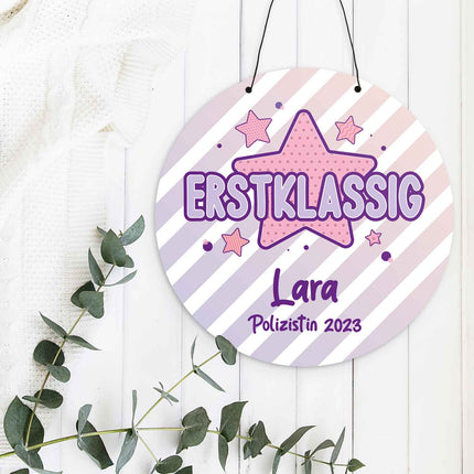 SEO. Personalisiertes Türschild - Geschenk zur Einschulung - Für Jungen und Mädchen - Erstklassig - Lila Linkreich
