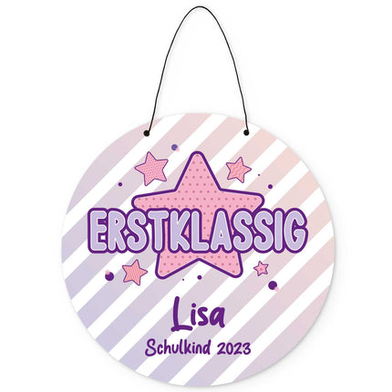SEO. Personalisiertes Türschild - Geschenk zur Einschulung - Für Jungen und Mädchen - Erstklassig - Lila Linkreich