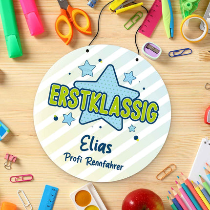 SEO. Personalisiertes Türschild - Geschenk zur Einschulung - Für Jungen und Mädchen - Erstklassig - Blau Linkreich