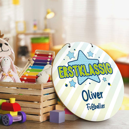 SEO. Personalisiertes Türschild - Geschenk zur Einschulung - Für Jungen und Mädchen - Erstklassig - Blau Linkreich