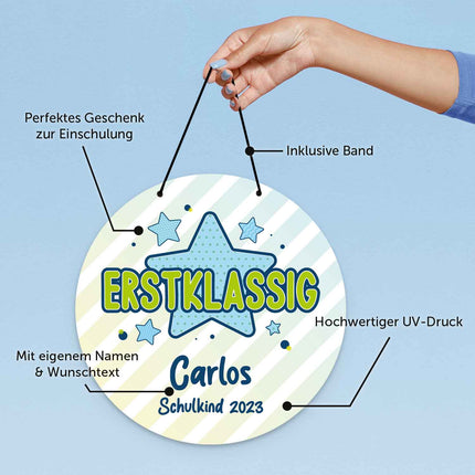 SEO. Personalisiertes Türschild - Geschenk zur Einschulung - Für Jungen und Mädchen - Erstklassig - Blau Linkreich