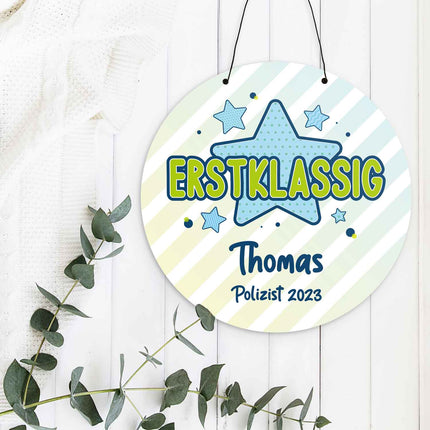 SEO. Personalisiertes Türschild - Geschenk zur Einschulung - Für Jungen und Mädchen - Erstklassig - Blau Linkreich