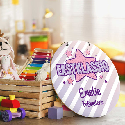 SEO. Personalisiertes Türschild - Geschenk zur Einschulung - Für Jungen und Mädchen - Erstklassig - Lila Linkreich