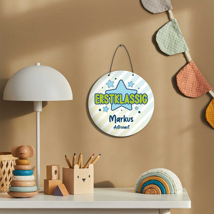 SEO. Personalisiertes Türschild - Geschenk zur Einschulung - Für Jungen und Mädchen - Erstklassig - Blau Linkreich
