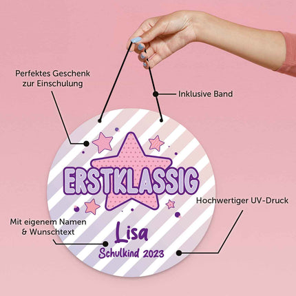 SEO. Personalisiertes Türschild - Geschenk zur Einschulung - Für Jungen und Mädchen - Erstklassig - Lila Linkreich