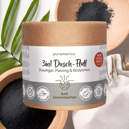 SEO. Puremetics | 3in1 Dusch - Fluff „Anti - Unreinheiten“ – Aktivkohle, Niacinamid & Salicylsäure (250 g) - Linkreich