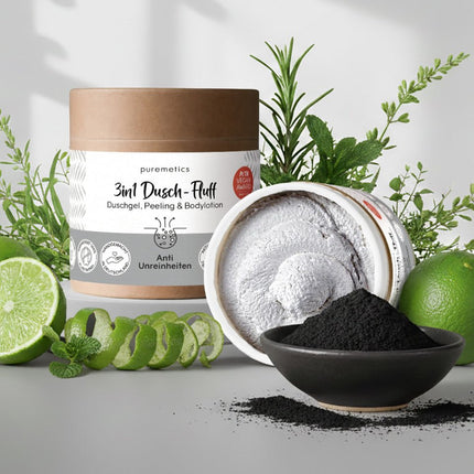 SEO. Puremetics | 3in1 Dusch - Fluff „Anti - Unreinheiten“ – Aktivkohle, Niacinamid & Salicylsäure (250 g) - Linkreich