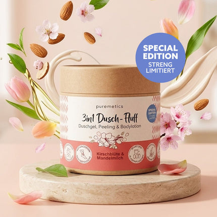 SEO. Puremetics | 3in1 Dusch - Fluff „Kirschblüte & Mandelmilch“ – Duschgel, Peeling & Pflege (250 g) - Linkreich