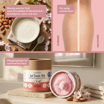 SEO. Puremetics | 3in1 Dusch - Fluff „Kirschblüte & Mandelmilch“ – Duschgel, Peeling & Pflege (250 g) - Linkreich