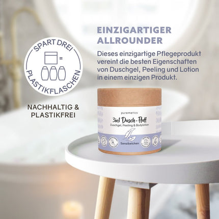 SEO. Puremetics | 3in1 Dusch - Fluff „Sensibelchen“ – Duschgel, Peeling & Pflege ohne Duftstoffe - Linkreich
