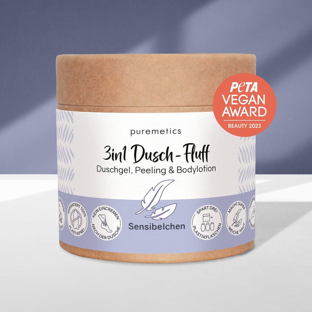 SEO. Puremetics | 3in1 Dusch - Fluff „Sensibelchen“ – Duschgel, Peeling & Pflege ohne Duftstoffe - Linkreich