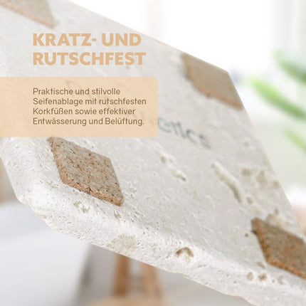 SEO. Puremetics Seifenablage aus Travertinstein – Naturstein Seifenschale mit Korkfüßen - Linkreich