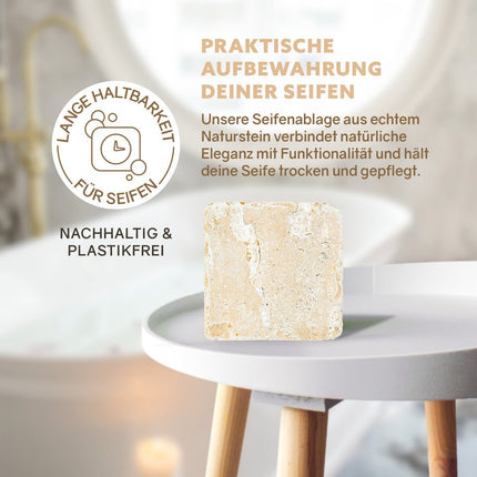 SEO. Puremetics Seifenablage aus Travertinstein – Naturstein Seifenschale mit Korkfüßen - Linkreich
