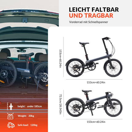 QiCYCLE E-Bike 20 Zoll klappbare Elektrofahrrad mit 8 Gangschaltung bis 25km/h für Jugendliche und Erwachsene