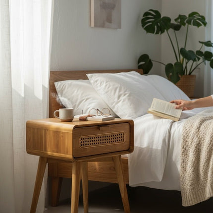 Rattan Beistelltisch – Nachttisch Ablagetisch Couchtisch – Stilvoll mit Schublade – Handgefertigter Vintage Look aus Teakholz – 60x50x40 cm (Beistelltisch) kaufen bei Linkreich – Jetzt entdecken!