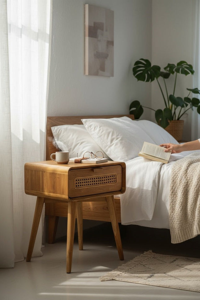 Rattan Beistelltisch – Nachttisch Ablagetisch Couchtisch – Stilvoll mit Schublade – Handgefertigter Vintage Look aus Teakholz – 60x50x40 cm (Beistelltisch) kaufen bei Linkreich – Jetzt entdecken!