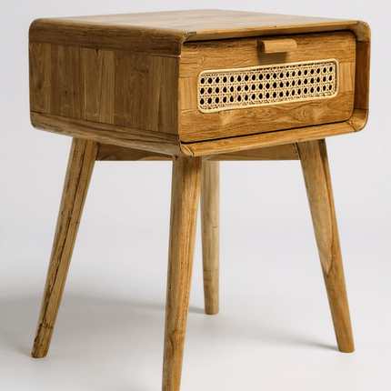 Rattan Beistelltisch – Nachttisch Ablagetisch Couchtisch – Stilvoll mit Schublade – Handgefertigter Vintage Look aus Teakholz – 60x50x40 cm (Beistelltisch) kaufen bei Linkreich – Jetzt entdecken!