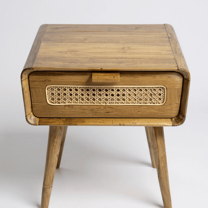 Rattan Beistelltisch – Nachttisch Ablagetisch Couchtisch – Stilvoll mit Schublade – Handgefertigter Vintage Look aus Teakholz – 60x50x40 cm (Beistelltisch) kaufen bei Linkreich – Jetzt entdecken!