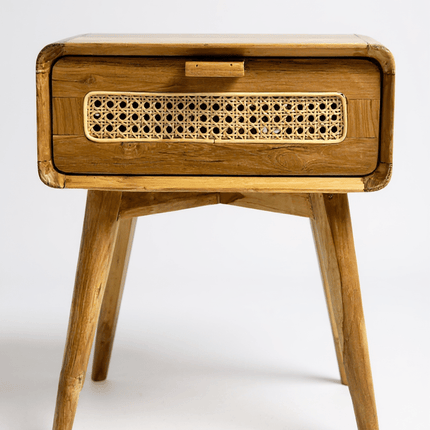 Rattan Beistelltisch – Nachttisch Ablagetisch Couchtisch – Stilvoll mit Schublade – Handgefertigter Vintage Look aus Teakholz – 60x50x40 cm (Beistelltisch) kaufen bei Linkreich – Jetzt entdecken!