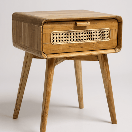 Rattan Beistelltisch – Nachttisch Ablagetisch Couchtisch – Stilvoll mit Schublade – Handgefertigter Vintage Look aus Teakholz – 60x50x40 cm (Beistelltisch) kaufen bei Linkreich – Jetzt entdecken!