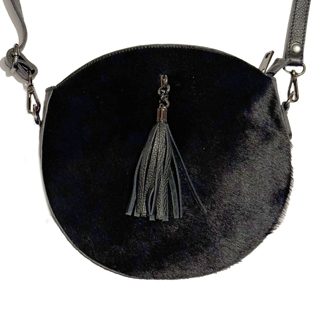 Runde Umhänge Handtasche mit Fell Schwarz