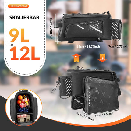 ROCKBROS Fahrrad Gepäckträgertasche Schwarz 9 - 12L mit 2 faltbare Seitentaschen (Fahrradtaschen) kaufen bei Linkreich – Jetzt entdecken!