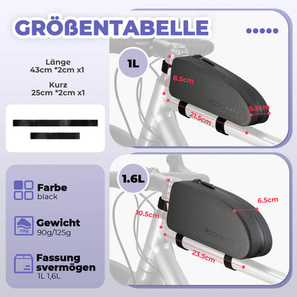 ROCKBROS Fahrrad Rahmentasche wasserdicht Staubfest Schwarz 1L/1,6 L