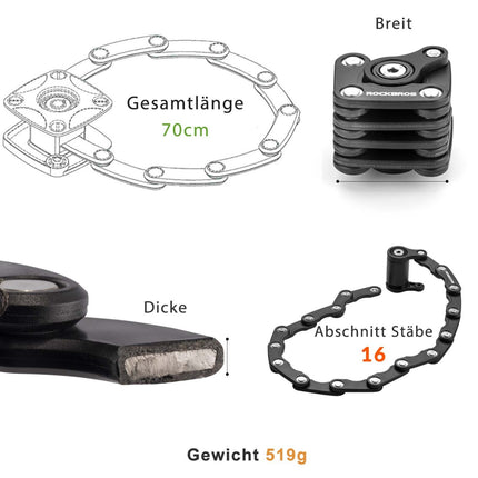 ROCKBROS Fahrradschloss Faltschloss 70 cm Lang Schwarz (Fahrradschloss) kaufen bei Linkreich – Jetzt entdecken!