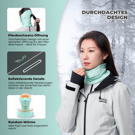 ROCKBROS TVI Damen Sturmhaube Balaclava mit Pferdeschwanz - Öffnung Warm Grün (Sturmhaube & Gesichtsmaske) kaufen bei Linkreich – Jetzt entdecken!