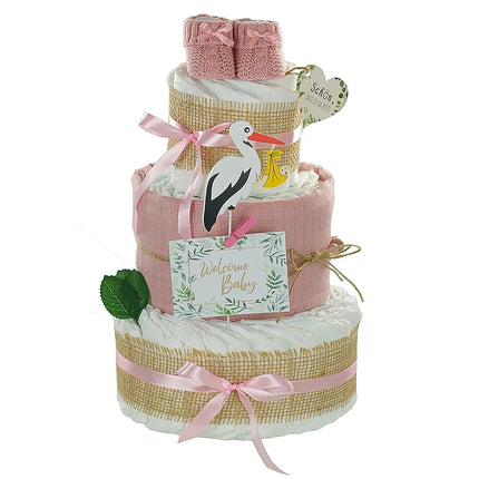 Windeltorte Storch mit Babybooties und Mullwindel rosa