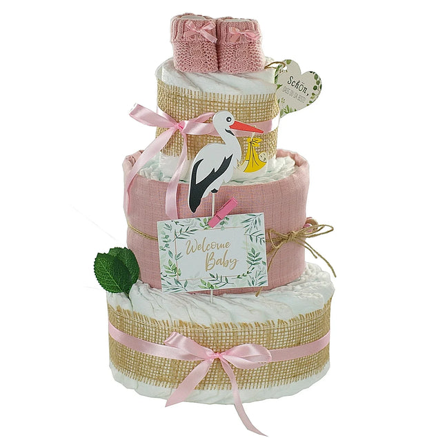 Windeltorte Storch mit Babybooties und Mullwindel rosa