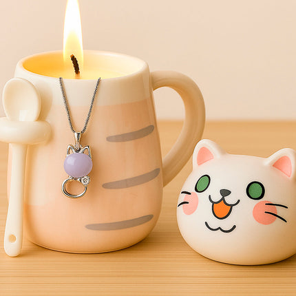 Schmuck Duftkerze mit Motiv Katze, in Keramiktasse mit Deckel und Löffel