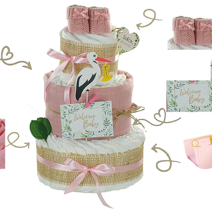 Windeltorte Storch mit Babybooties und Mullwindel rosa