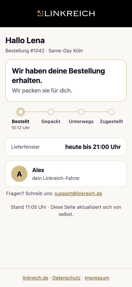 Verfolgungsseite: Bestellung eingegangen (Beispiel mit Testdaten)