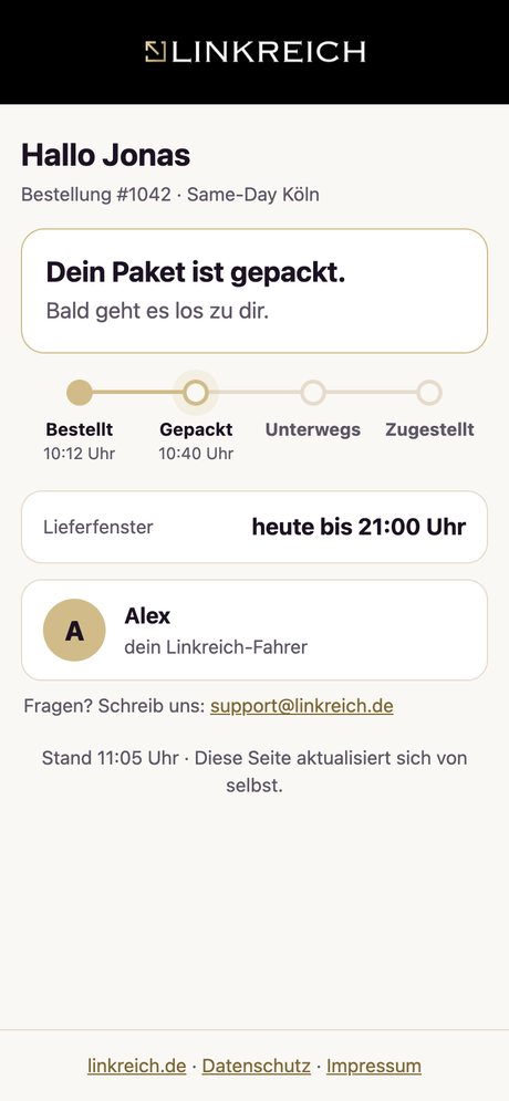 Verfolgungsseite: Bestellung gepackt (Beispiel mit Testdaten)